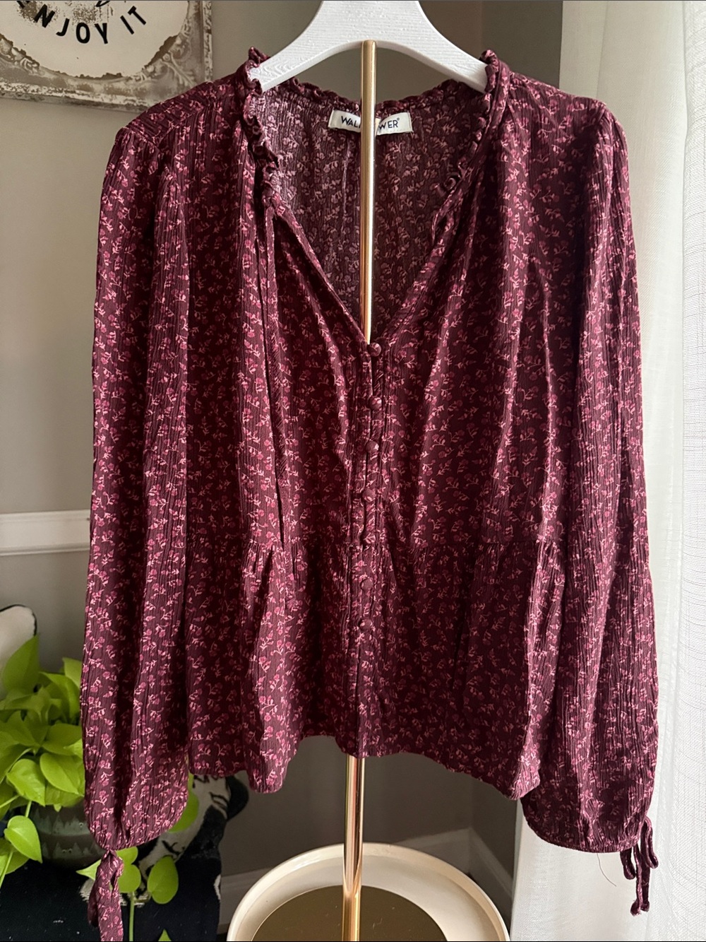 Wallflower Maroon Floral Ruffled V-Neck Blouse